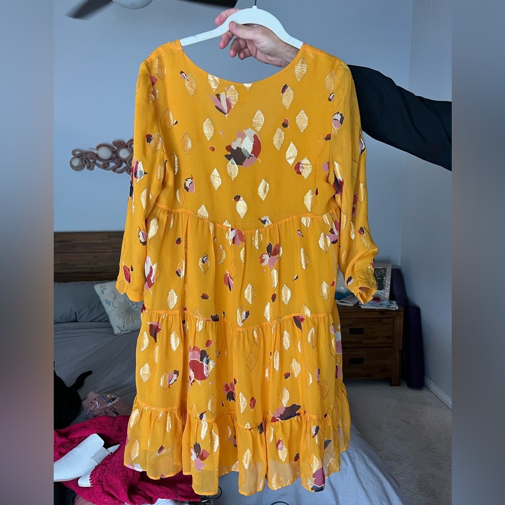 Sezane Mustard Yellow Floral Metallic-Leaf Midi Dress